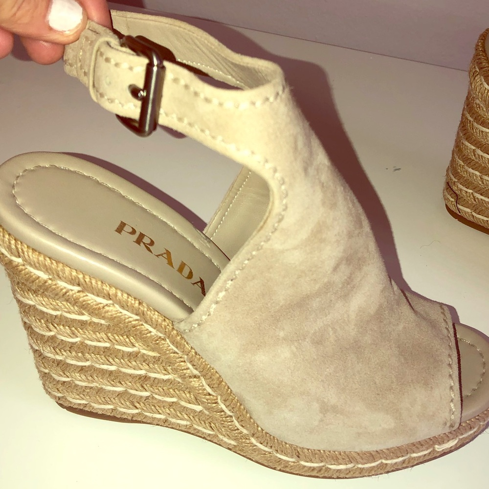 Prada Suede Peep Toe Sandal Espadrilles Wedges.